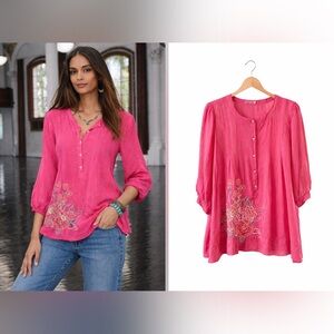 Johnny Was Pink Embroidered Boho Blouse Floral Rayon Size XL